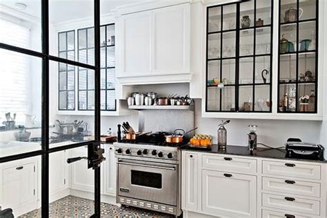 White kitchen cabinets with glass doors and black grid windows. bohemian modern style from a san francisco girl | Glass ...