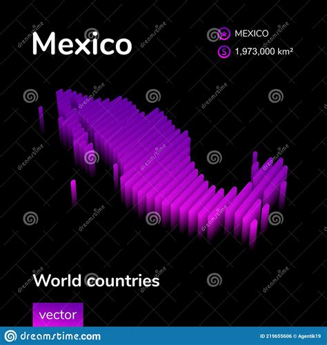 Stylized Neon Digital Isometric Striped Vector Mexico Map With 3d