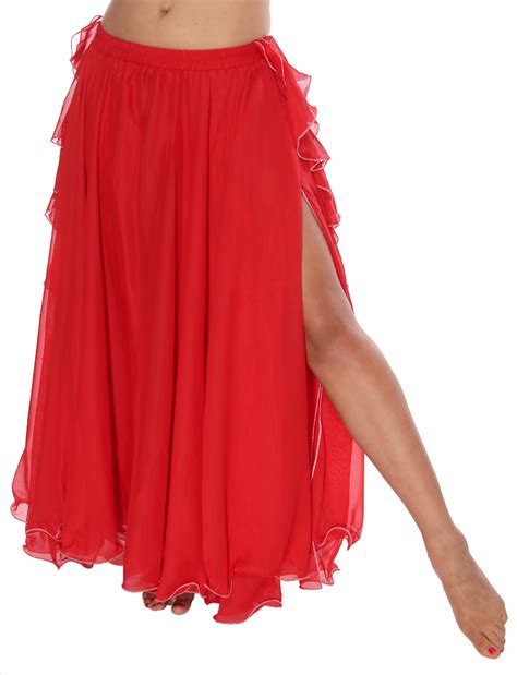 2 Layer Chiffon Belly Dance Skirt With Ruffle Fringe Red