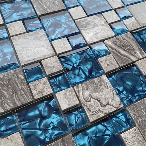 Gray Marble Stone Mix Blue Glass Mosaic Kitchen Ba Grandado