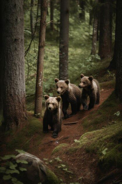 Premium Ai Image A Group Of Brown Bears Walking Through A Forest