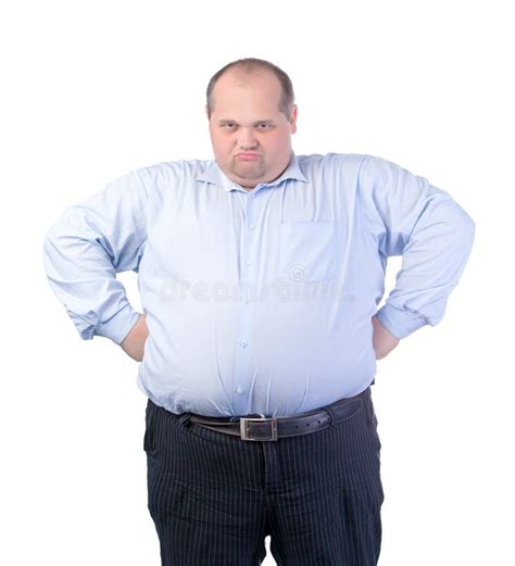 Happy Fat Man In A Blue Shirt Stock Photo Image Of Caucasian Fatguts