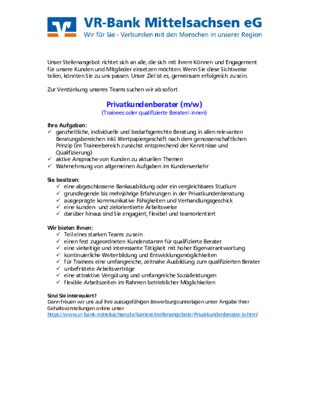 Stellenangebot vertriebsmanager für banken (m/w/d) ansehen. Stellenangebot VR-Bank
