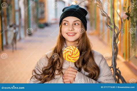 Girl Smile With Lollypop Candy Outdoor Girl With Lollypop Candy