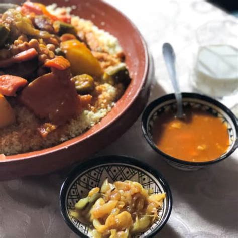 Salt to the water (alternatively, prepare the couscous mound the couscous on a large platter topped with the vegetables and meat, garnish with more cilantro, if you like, and serve with harissa on the side. Moroccan Seven Vegetable Couscous