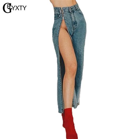 Gbyxty Sexy Split Zipper Jeans Women Vintage High Waist Wide Leg Denim