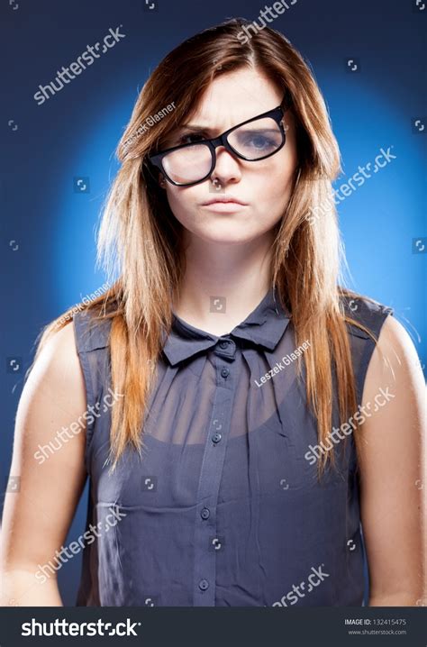 Disappointed Young Woman Large Nerd Glasses Stock Photo 132415475
