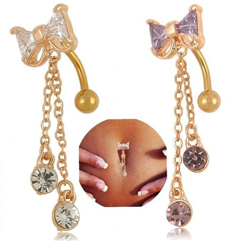 New Gold Color Crystal Rhinestone Bowknot Dangle Belly Button Navel Ring For Women Sexy Body