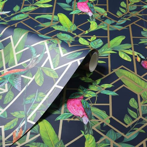 Wallpaper with bird and flower design. Deco Tropical Wallpaper Navy / Gold Arthouse 908003