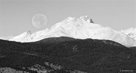 Moon Over Snow Covered Twin Peaks Bw Panorama Striking