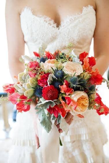 The handheld flags are also available in a 4″ x 6″ size and could be used for a smaller arrangement. Coral, red, peach and blue bouquet. Bold, summer bouquet ...