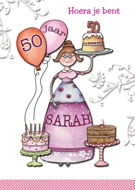 Wij zijn er helaas niet bij, maar de jarige dat ben jij. Sarah 50 jaar met taarten - Verjaardagskaarten - Kaartje2go