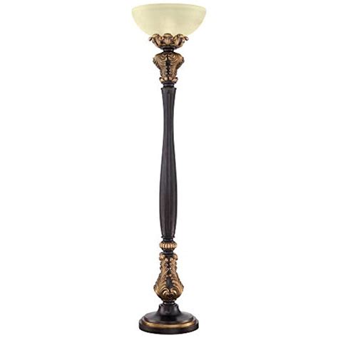 Rita Traditional Victorian Tall Torchiere Floor Lamp Carved Wood Amber