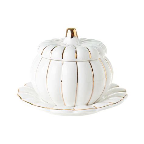 White Porcelain Pumpkin Soup Bowl With Lid Gold Painted Stew Pot
