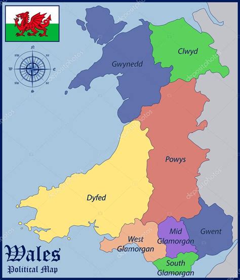 Geography wales is located on the western side of central southern great britain. Political Map and Flag of Wales — Stock Vector ...