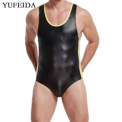 Mens Bodysuits Faux Leather Jumpsuits Sexy Leotard Wrestling Singlets