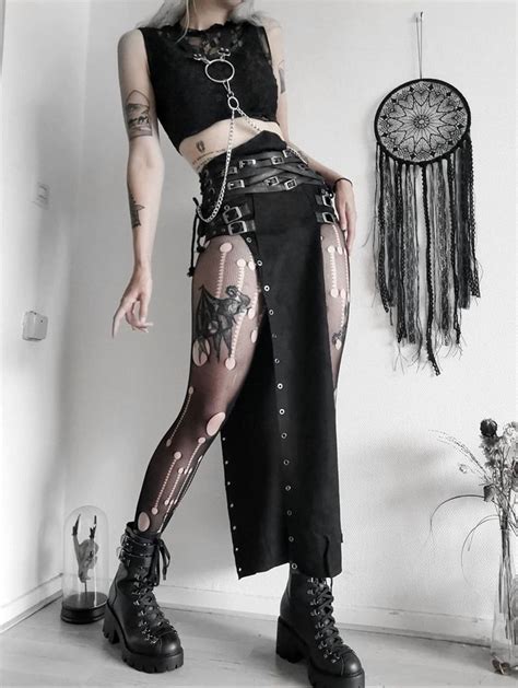 Punk Rave Black Gothic Punk Split Skirt For Women Rave Outfits Edgy Outfits Alternative Outfits