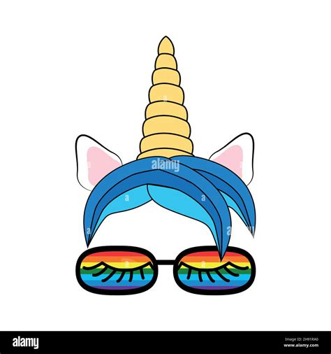 Illustration Of A Cute Unicorn Face In Sunglasses Rainbow Hearts