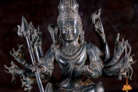 Brass Dancing Shiva Statue With 10 Arms Holding A Trident With Antique Green Patina 24