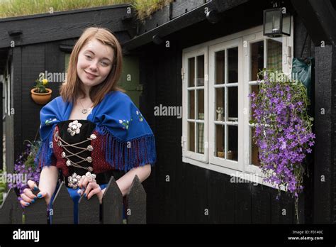 Faroese Girl Wearing Tradition Clothes In Tinganes The Historic Area