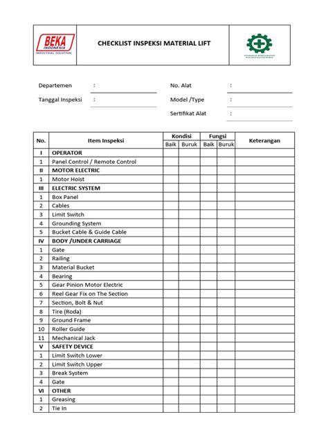 Form Check List Inspeksi Material Lift Pdf