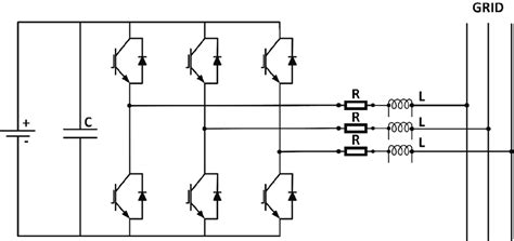 Circuit diagram of a three-phase grid tied inverter. The inverter