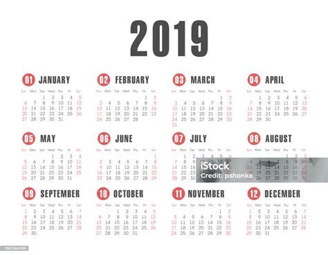Vector Pocket 2019 Year Calendar Stock Illustration Download Image