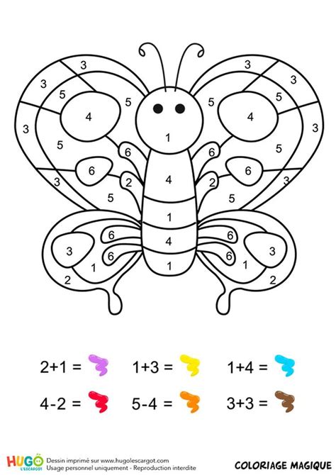 Coloriage magique CP : un papillon multicolore | Coloriage magique cp
