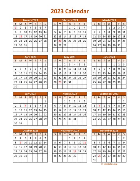 Full Year 2023 Calendar on one page | WikiDates.org