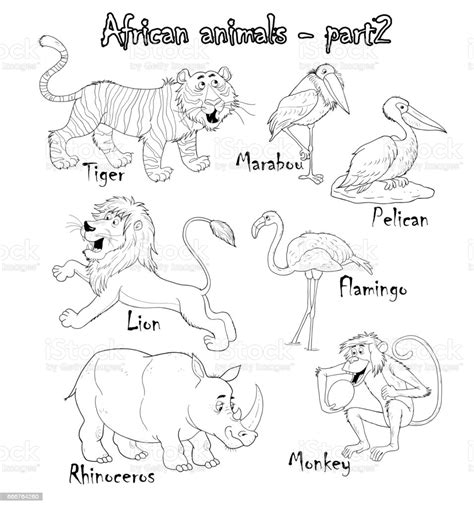 Set Of Cute African Animals Coloring Page Funny Cartoon