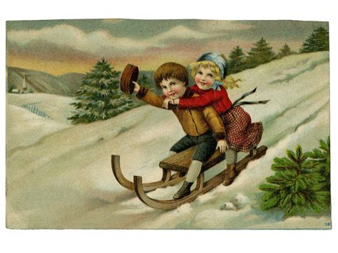 Vintage Christmas Greetings Postcard Sledding Snow Scene Antique
