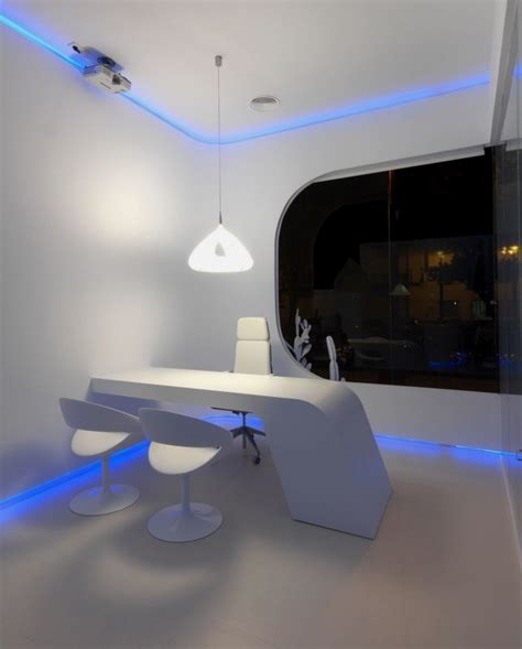 Modern And Futuristic Office In Blue Glowing Light