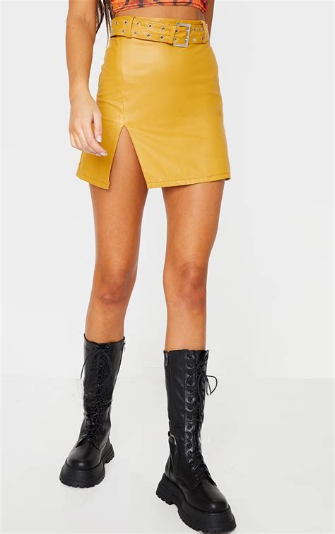 Mustard Faux Leather Belted Mini Skirt Prettylittlething Usa