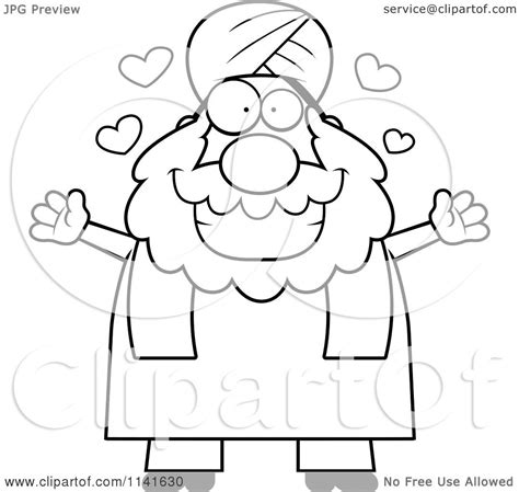 Cartoon Clipart Of A Black And White Chubby Muslim Sikh Man With Open