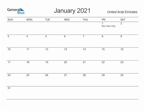 Printable January 2021 Monthly Calendar With Holidays For United Arab
