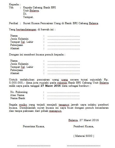 Surat kuasa adalah surat yang dibuat dengan tujuan untuk memberikan wewenang kepada pihak tertentu guna melakukan atau melaksana kan suatu tugas atas nama si pemberi kuasa. Contoh Surat Kuasa Pencairan Cek Di Bank