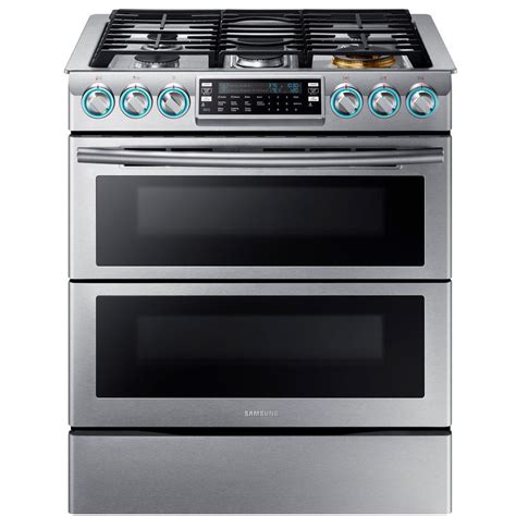 Double oven gas stove to get the job done. Samsung Flex Duo 5.8 cu. ft. Slide-In Double Oven Gas ...