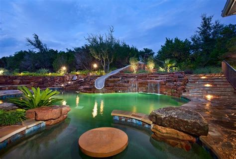 Circular pool backyard design ideas. luxury pool slide rock scape ladscape backyard | Pools ...