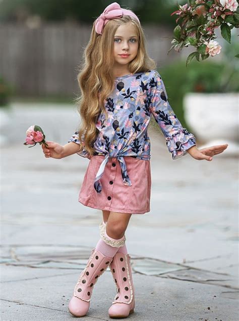 Girls Floral Double Ruffled Sleeve Top And Buttoned Skirt Set Little