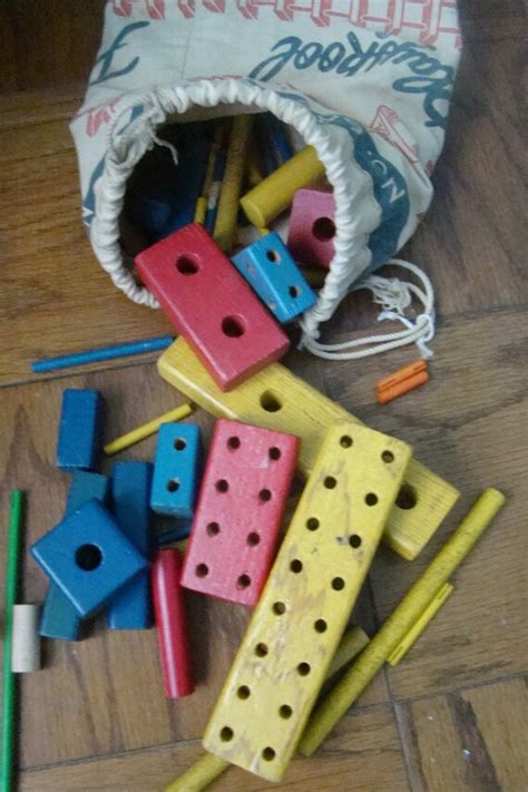 Vintage Playskool Toy Wood Blocks And Rods With Canvas Bag