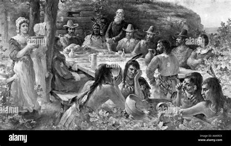 the first thanksgiving december 13 1621 pilgrims sharing harvest meal with native american