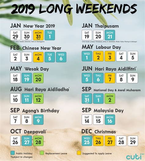 Comprehensive list of national public holidays that are celebrated in malaysia during 2019 with dates and information on the origin and meaning of holidays. 2019 Malaysia Public Holidays Calendar - Cuti.my | Travel ...
