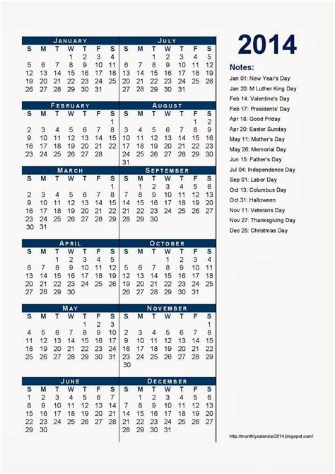 Yearly Calendar 2014 Printable Calendar 2014 Blank Calendar 2014
