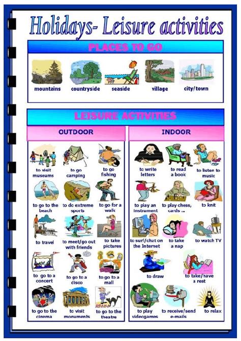 Holidays And Leisure Activities Worksheet Places In Town English Esl
