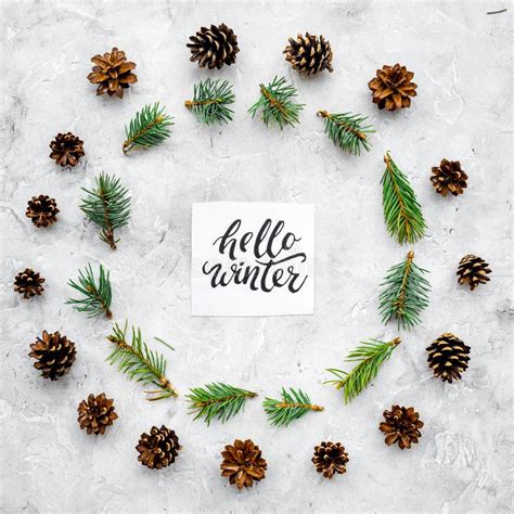 Hello Winter Hand Lettering Winter Pattern With Pinecones And Spruce