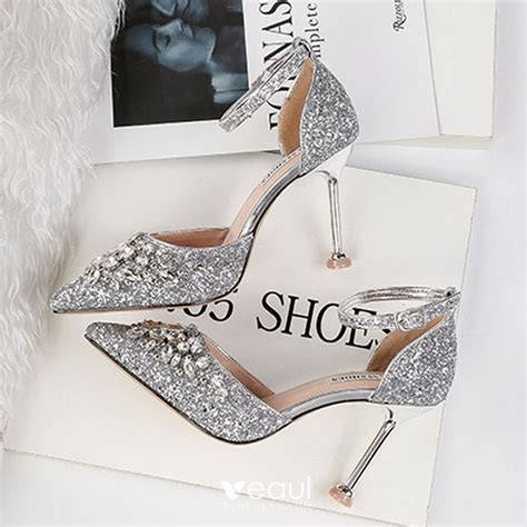 Sparkly Gold Wedding Shoes 2019 Ankle Strap Rhinestone Sequins 9 Cm Stiletto Heels Pointed Toe