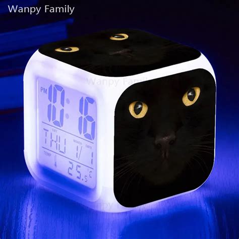 Cute Black Cat Alarm Clock 7 Color Glowing Led Digital Alarm Clock