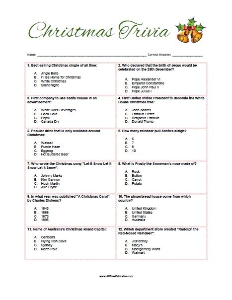 Christmas Trivia Questions And Answers Free Printable