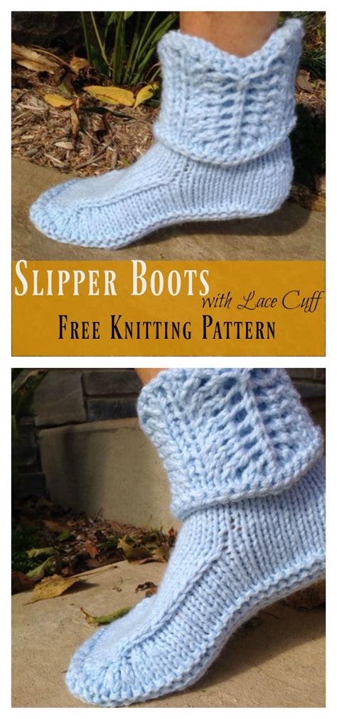 Maybe you just want a simple knitted knee sock look without any complicated patterns or colours? Slipper Boots with Lace Cuff Free Knitting Pattern