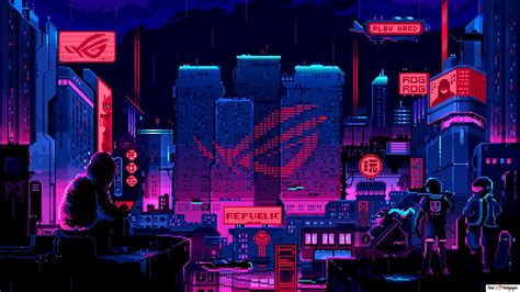 Asus Rog Republic Of Gamers 8 Bit Pixel City 4k Wallpaper Download
